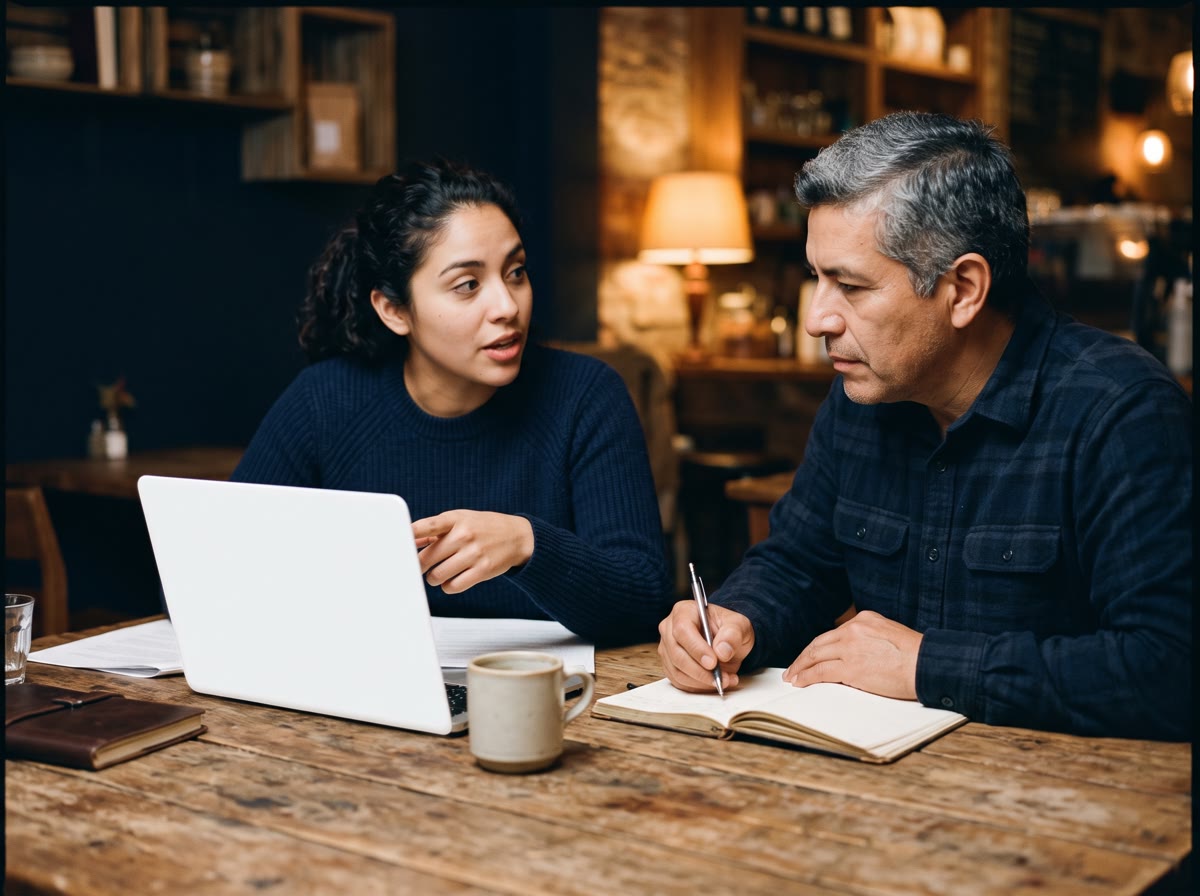 Una sesión de trabajo con un cliente frente al notebook