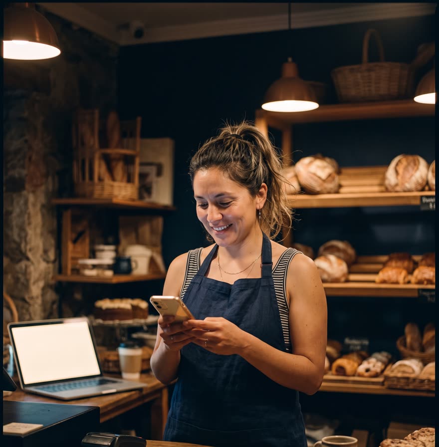 Dueña de una panadería revisando un mensaje de WhatsApp en su teléfono